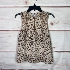 JOIE Top Womens XS Brown Leopard Blouse Silk Keyhole Neck Sleeveless Pullover